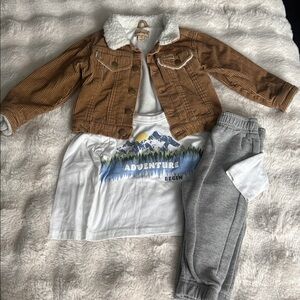 Bearpaw Kids Brown Corduroy Jacket w/ matching long sleeve tee and gray sweats.